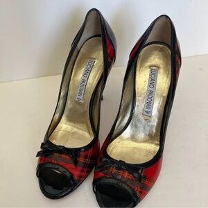 Women's Luciano Padovan Christmas Red Plaid Peep Toe Patent Heels size 36.5 US 6